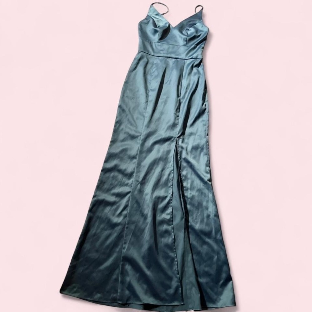 Pastel Blue Silky Satin Classic Formal Minimalist Aesthetic Gown Slit Womens 2